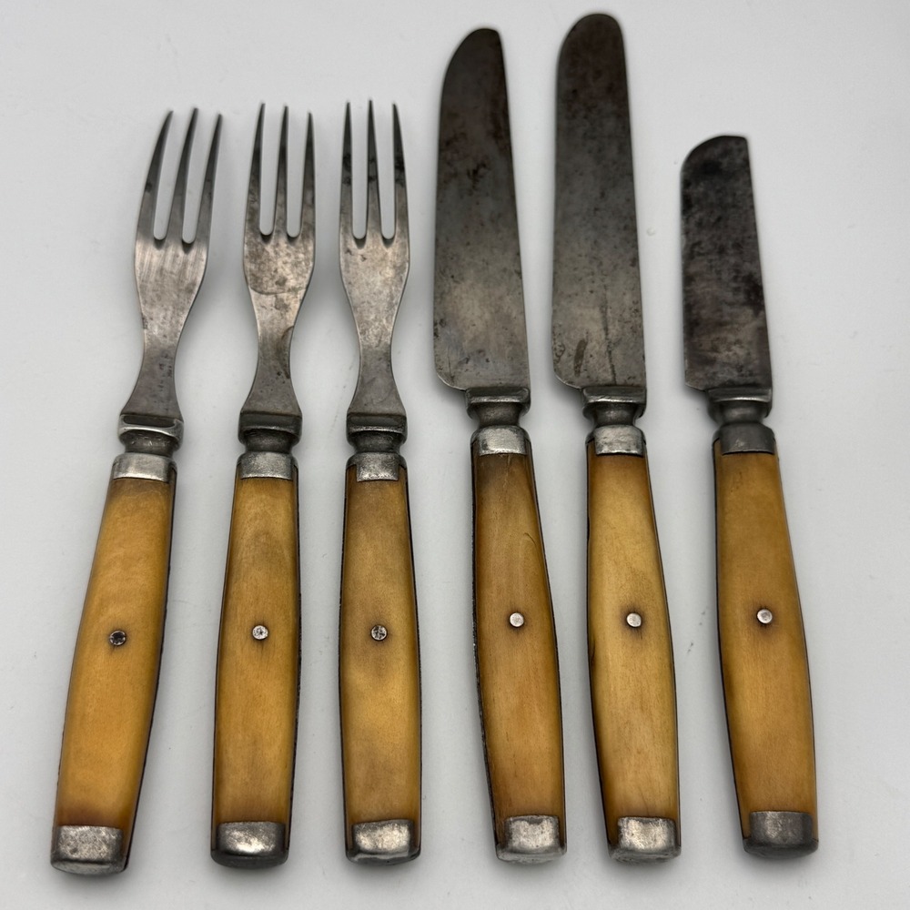 Antique Civil War Era 3 Tine Forks and Knives Bone Handle Flatware Set 6pc